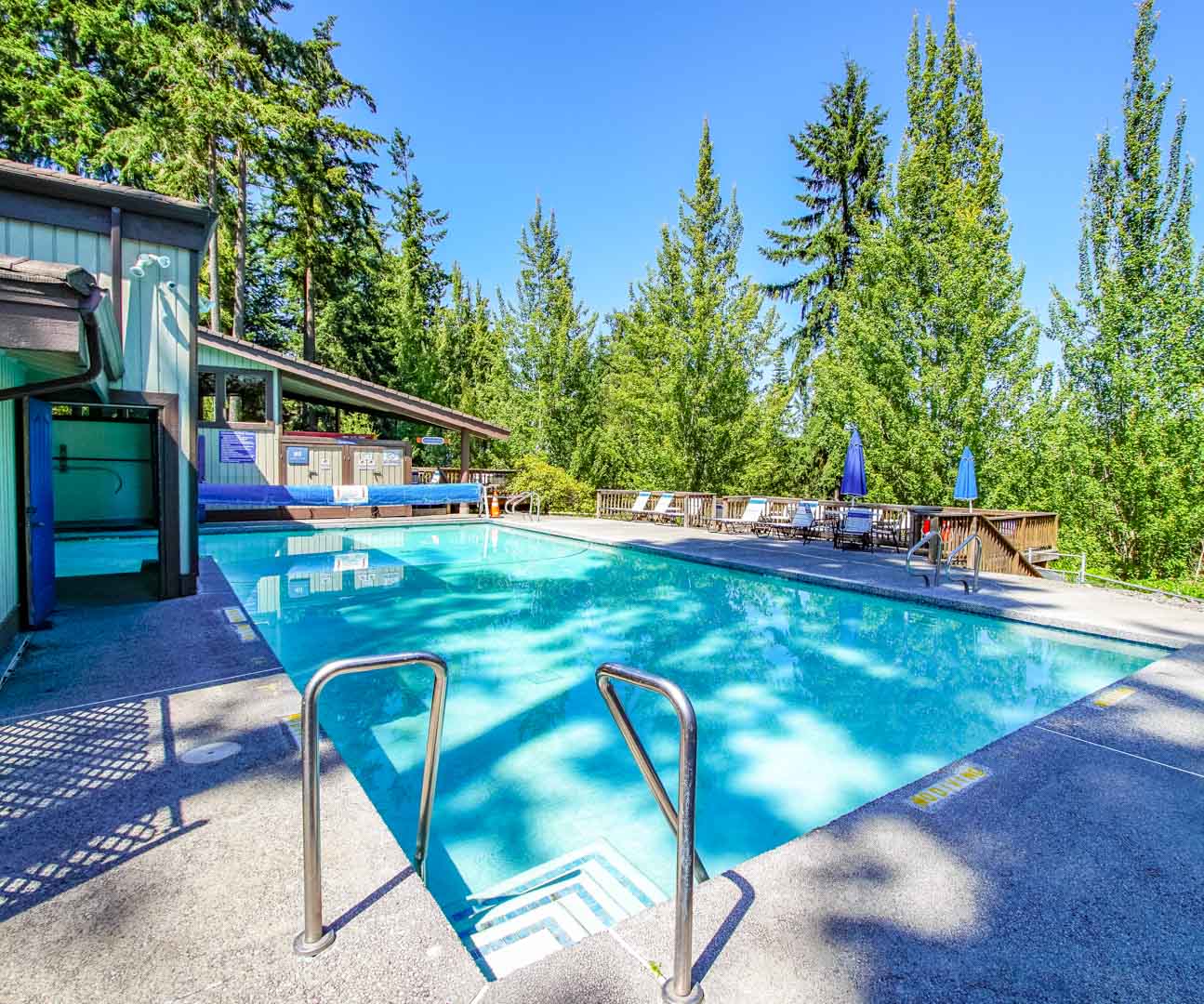 A crisp outdoor swimming pool at VRI's Kala Point Village in Port Townsend, Washington.